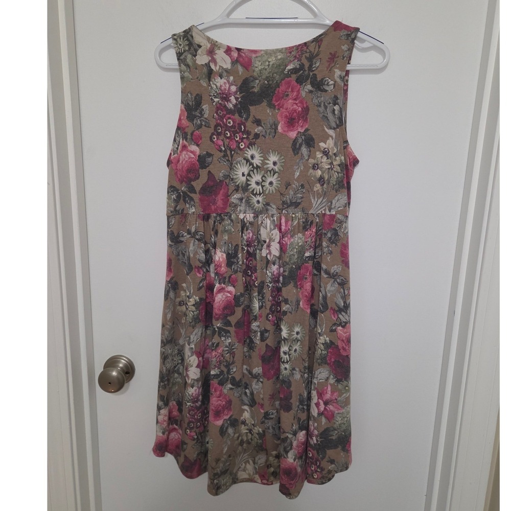 Emerald Floral Sleeveless Babydoll Mini Dress Pink Taupe Large Tank Dress - Picture 2 of 4